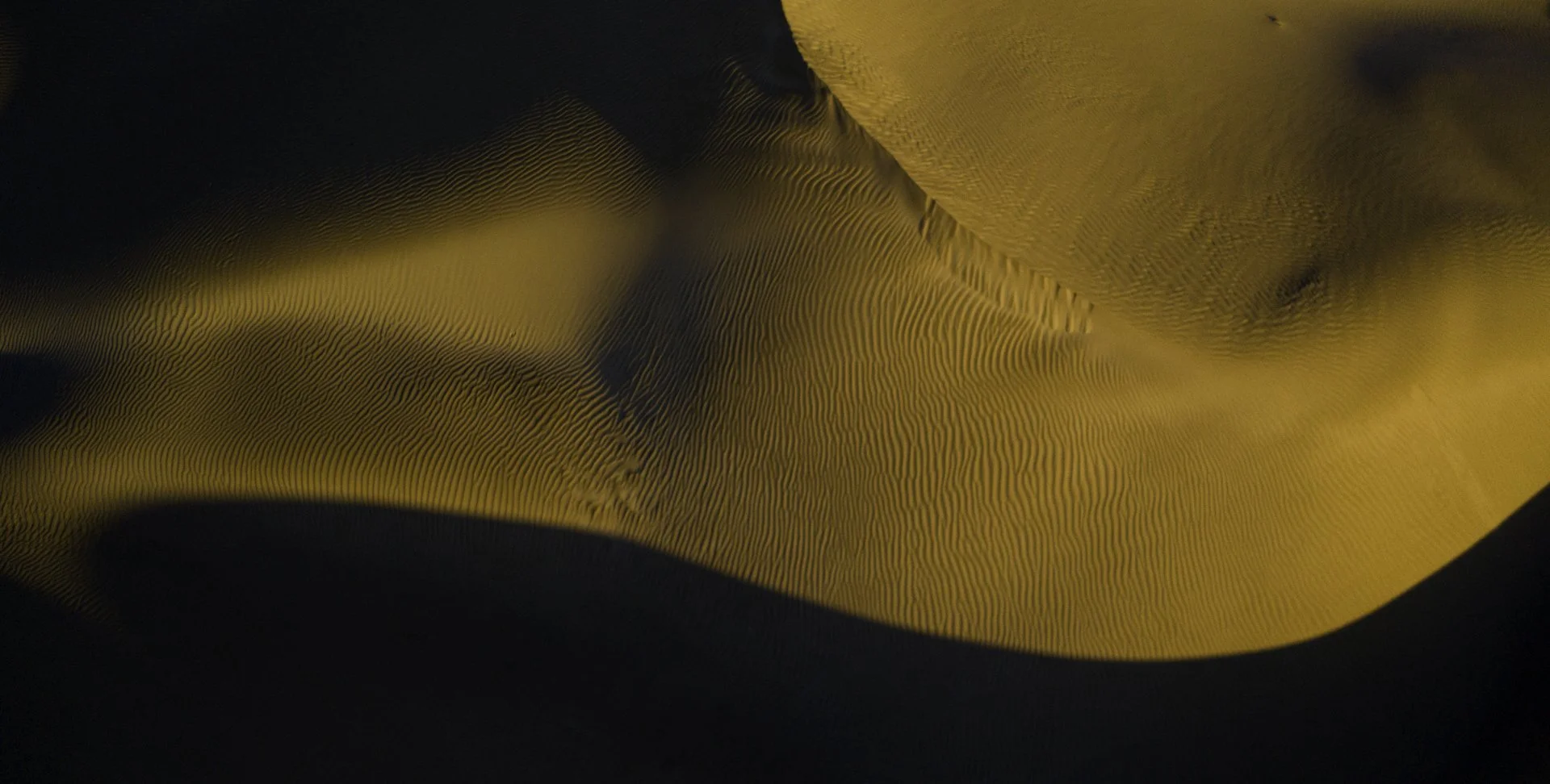 Close-up of a sand dune in a desert, showing intricate ripples and shadows with a small patch of dark sand.
