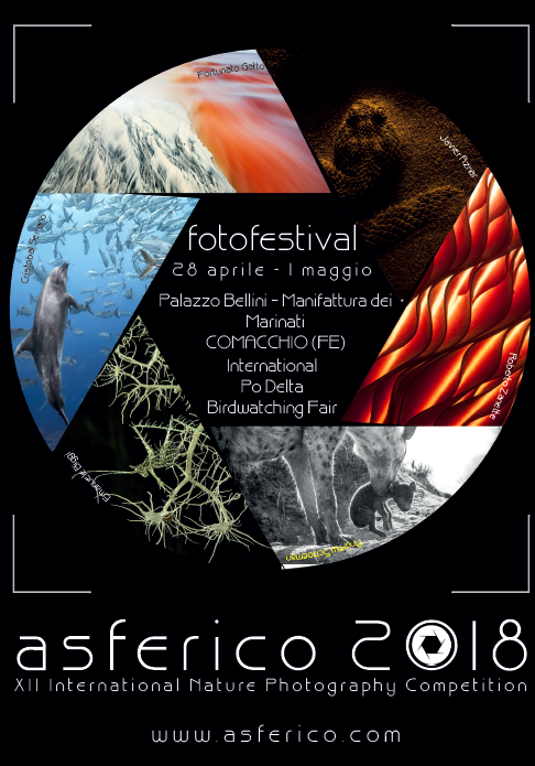 Poster for Asferico 2018, an international nature photography competition, featuring images of landscapes, wildlife, and natural elements, with event dates and location details.