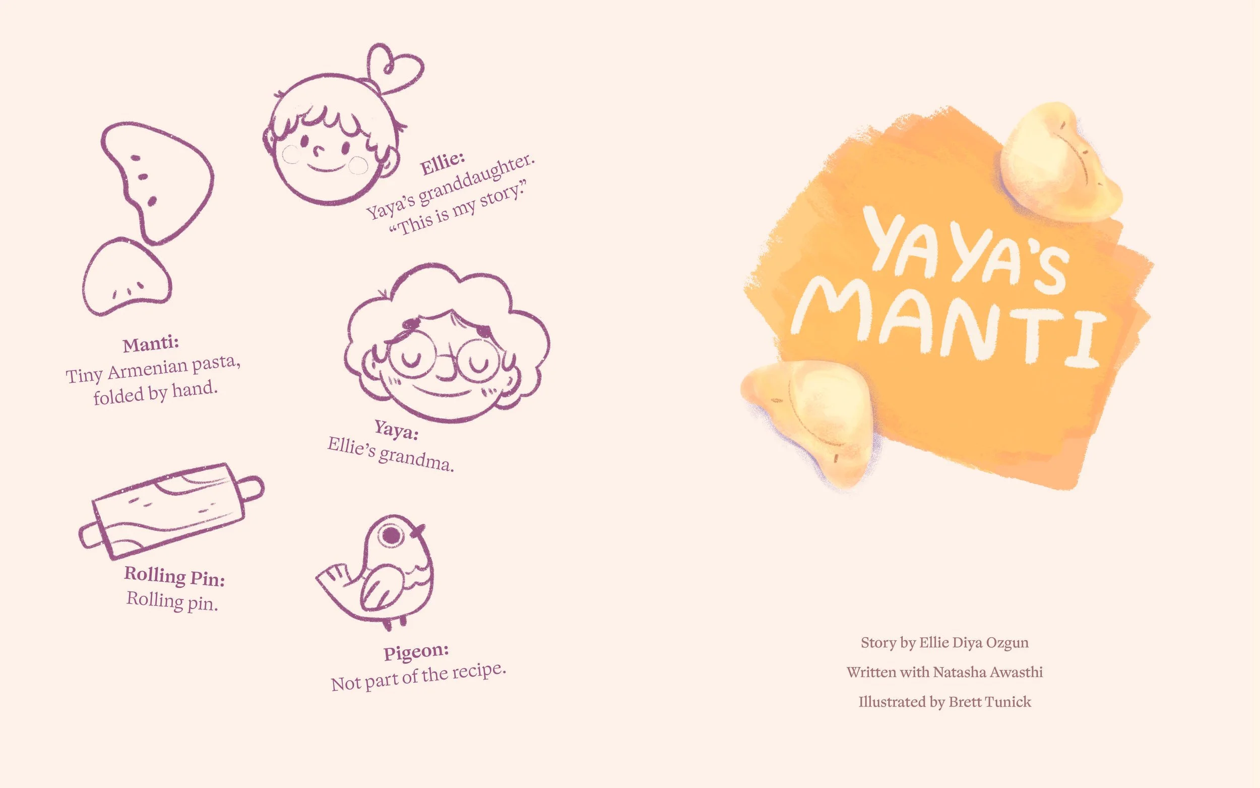 Opening spread from Yaya’s Manti with illustrated definitions of Ellie, Yaya, manti, rolling pin, and pigeon beside the book title.