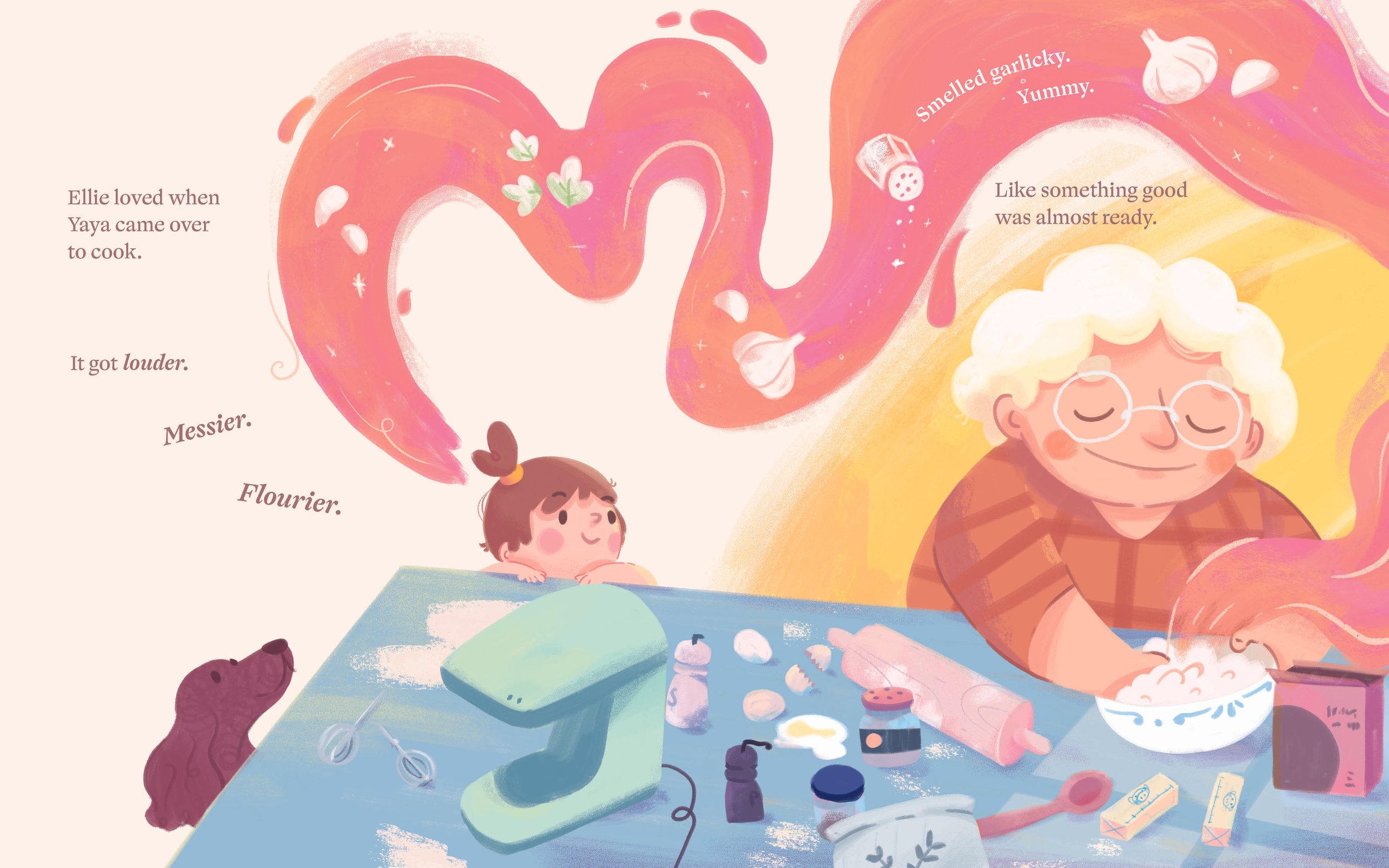 Interior spread from Yaya’s Manti showing Ellie and Yaya in the kitchen as manti is made, with flour, garlic, tools, and warm cooking smells.