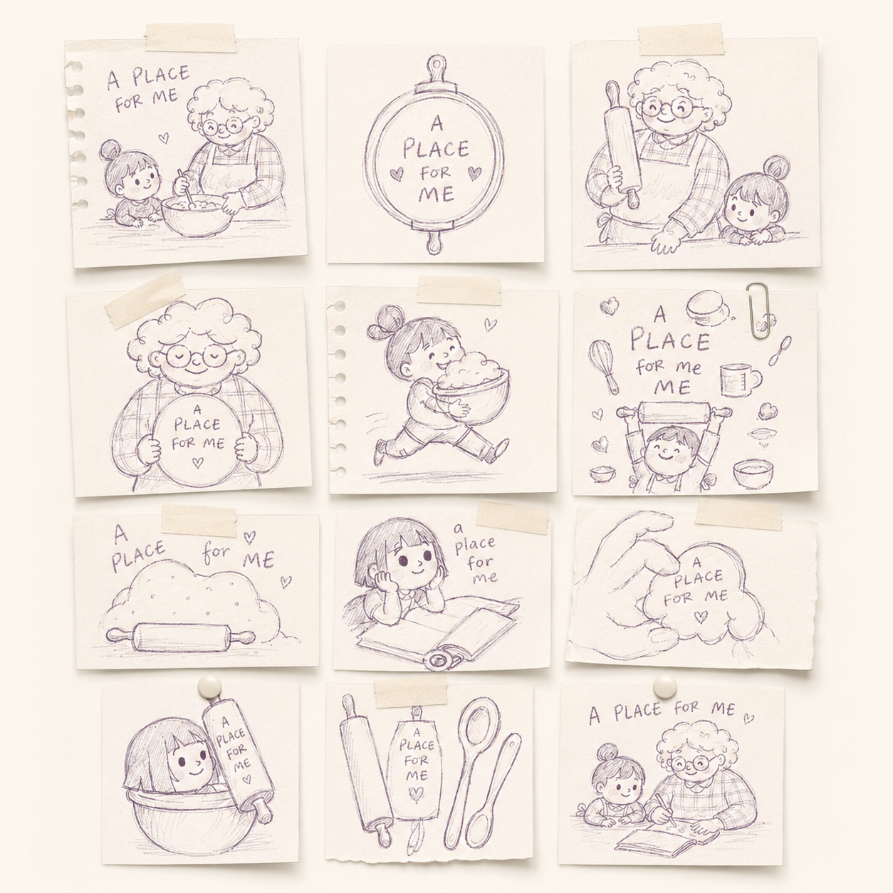 sketch contact sheet for a place for me showing early character and cover studies, representing the creative process from idea to book