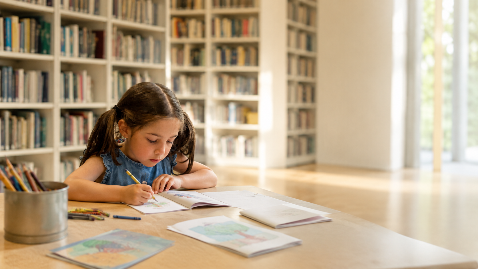 Child drawing at a table in a bright library with bookshelves in the background.