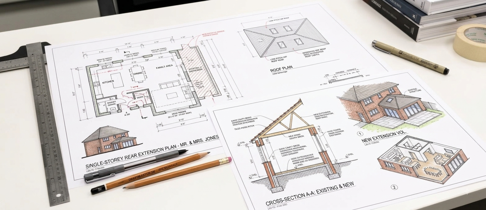 Blueprints and architectural drawings for a single-story home extension project, including floor plans, roof plan, elevation, and cross-section details, placed on a white desk with drawing tools and books.