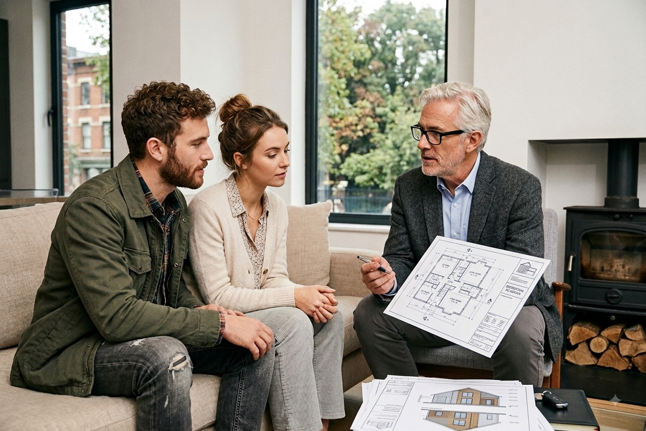 A real estate agent showing a floor plan to a young couple in a living room with large windows and a view of trees outside.