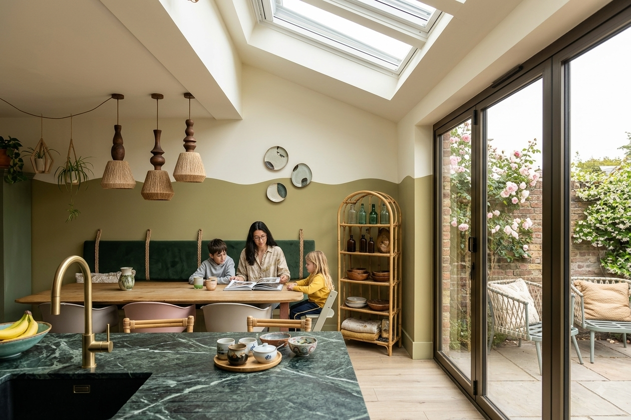 A woman and two children sitting at a dining table in a brightly lit kitchen, with large sliding glass doors leading to a patio with blooming flowers and outdoor furniture.