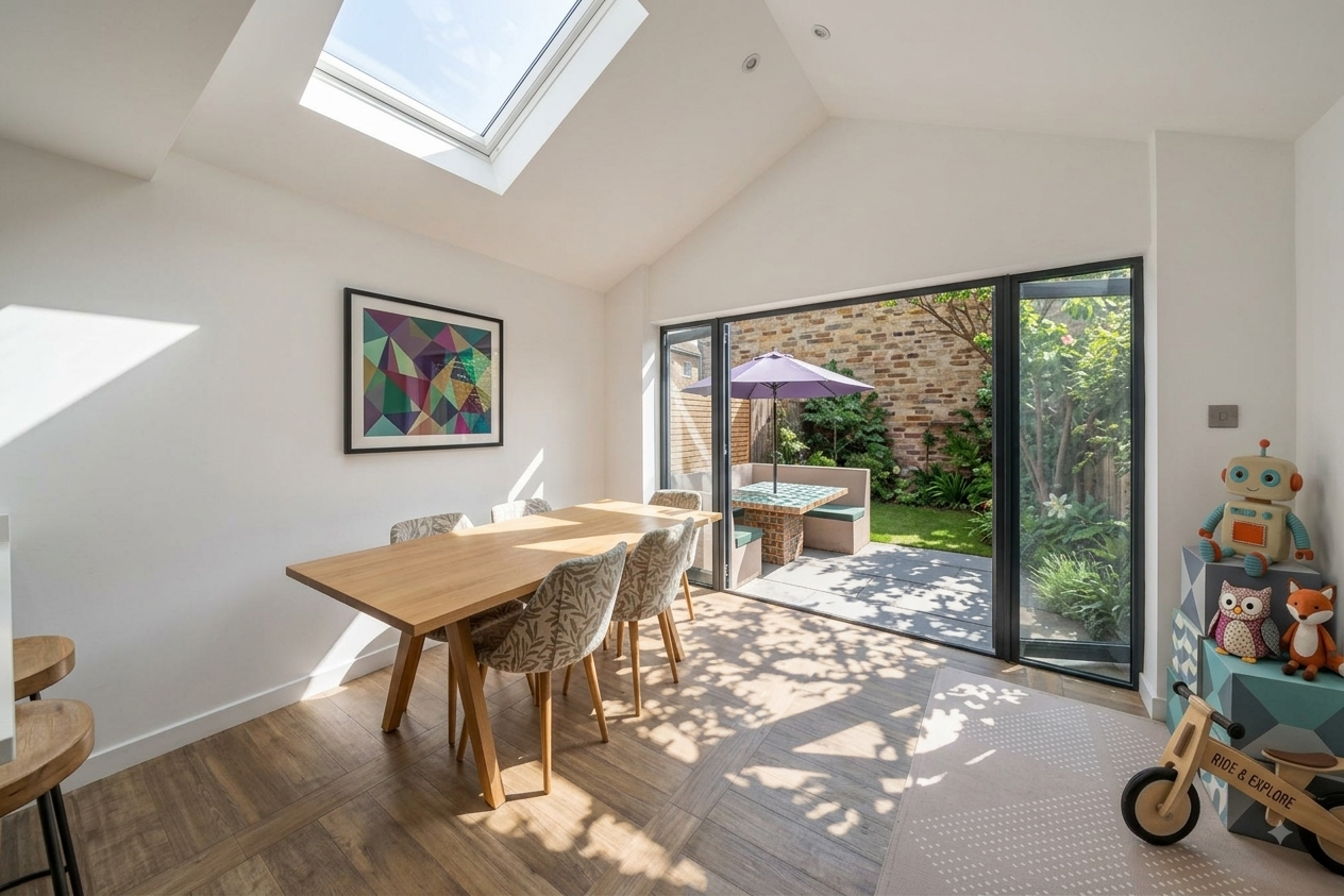 Bright dining room with a wooden table and six patterned chairs, large sliding glass doors opening to a backyard patio with an umbrella, greenery, and brick wall, artwork on the wall, and children's toys and a tricycle in the corner.