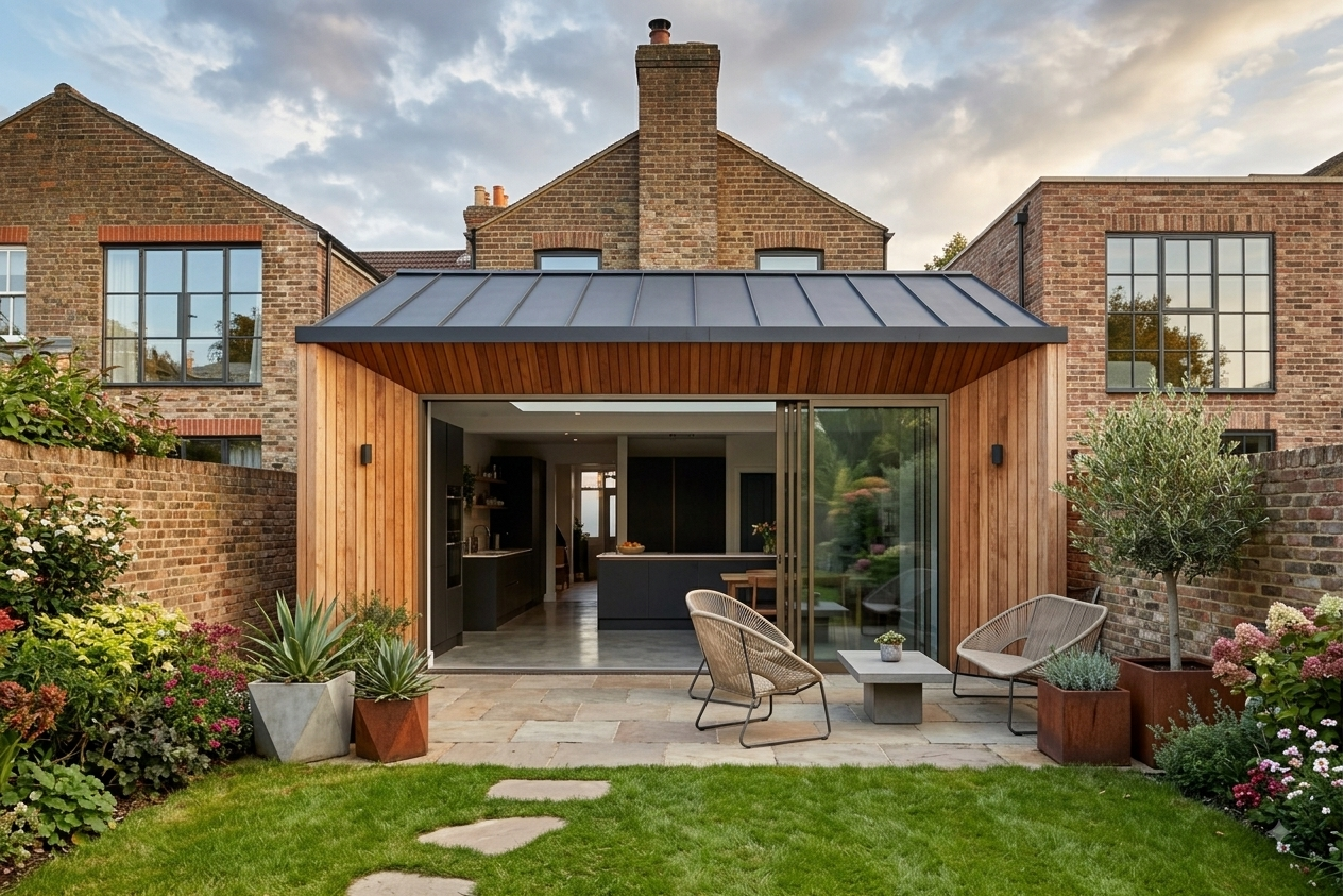 Modern backyard with patio, two chairs, a small table, potted plants, and a view of a newly constructed extension with wooden siding, large glass sliding door, and kitchen inside, surrounded by brick houses and a sky with clouds.