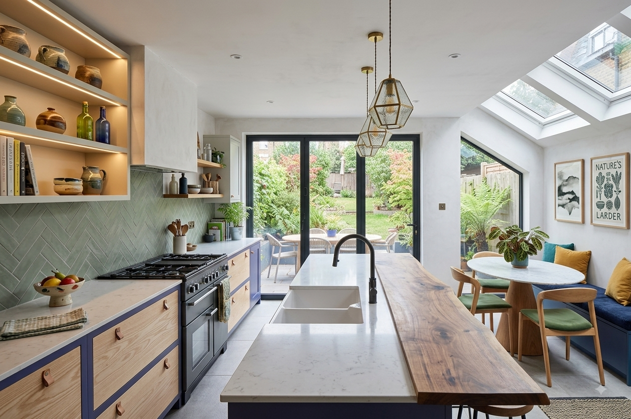 Modern kitchen with white marble countertops, a wooden dining table with green chairs, and skylights allowing natural light, overlooking a green garden.