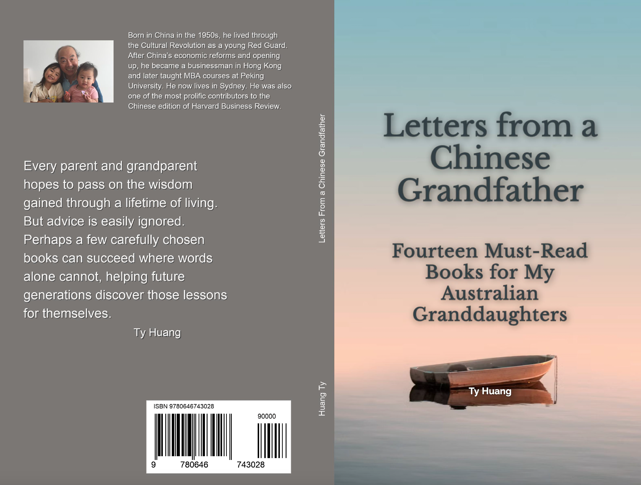Book cover titled "Letters from a Chinese Grandfather" by Ty Huang. The cover features a serene scene of a boat floating on calm water at sunset with a pastel-colored sky.