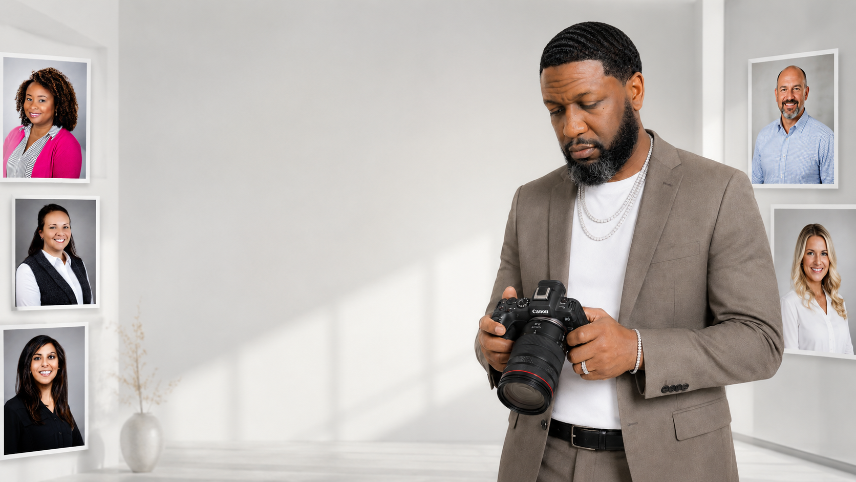 Man in beige blazer examining a Canon camera with portraits of diverse people on white wall in background