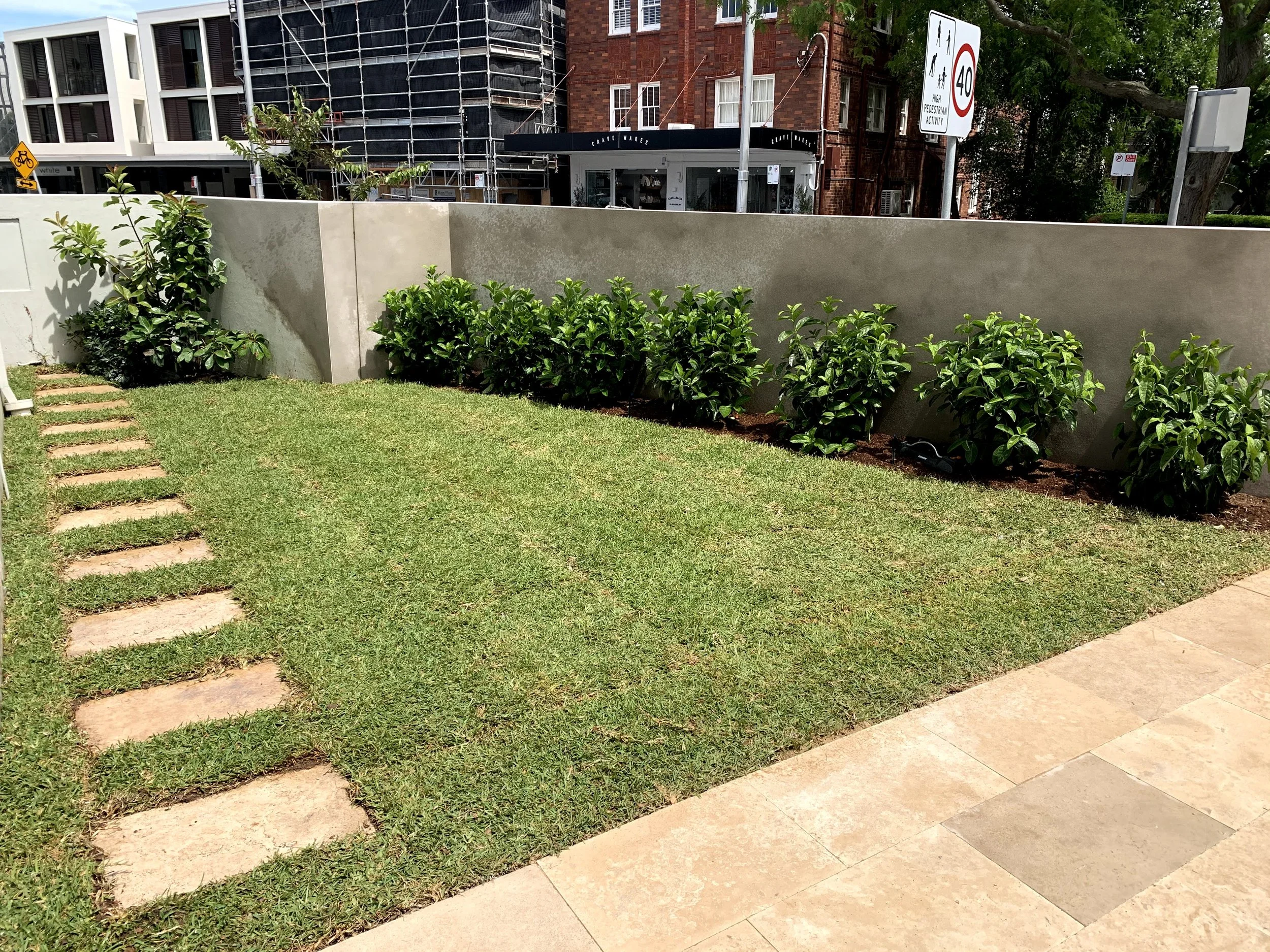 A grassy area with stepping stones along the edge, a beige concrete wall, green bushes, and a construction site with scaffolding and a red brick building in the background. Speed limit and pedestrian activity signs are also visible.