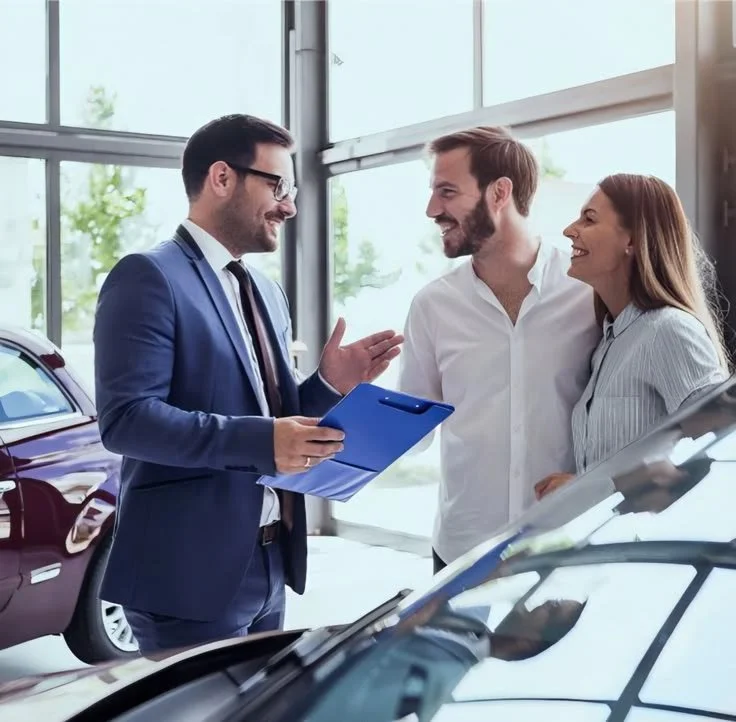 A man in a blue suit and glasses holding a clipboard is talking to a couple at a car dealership. The couple is smiling and wearing white shirts. The dealership has large glass windows and cars are visible inside.