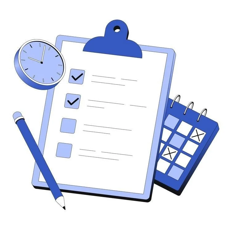 A clipboard with a checklist, a pen, a clock, and a calendar with some dates marked.