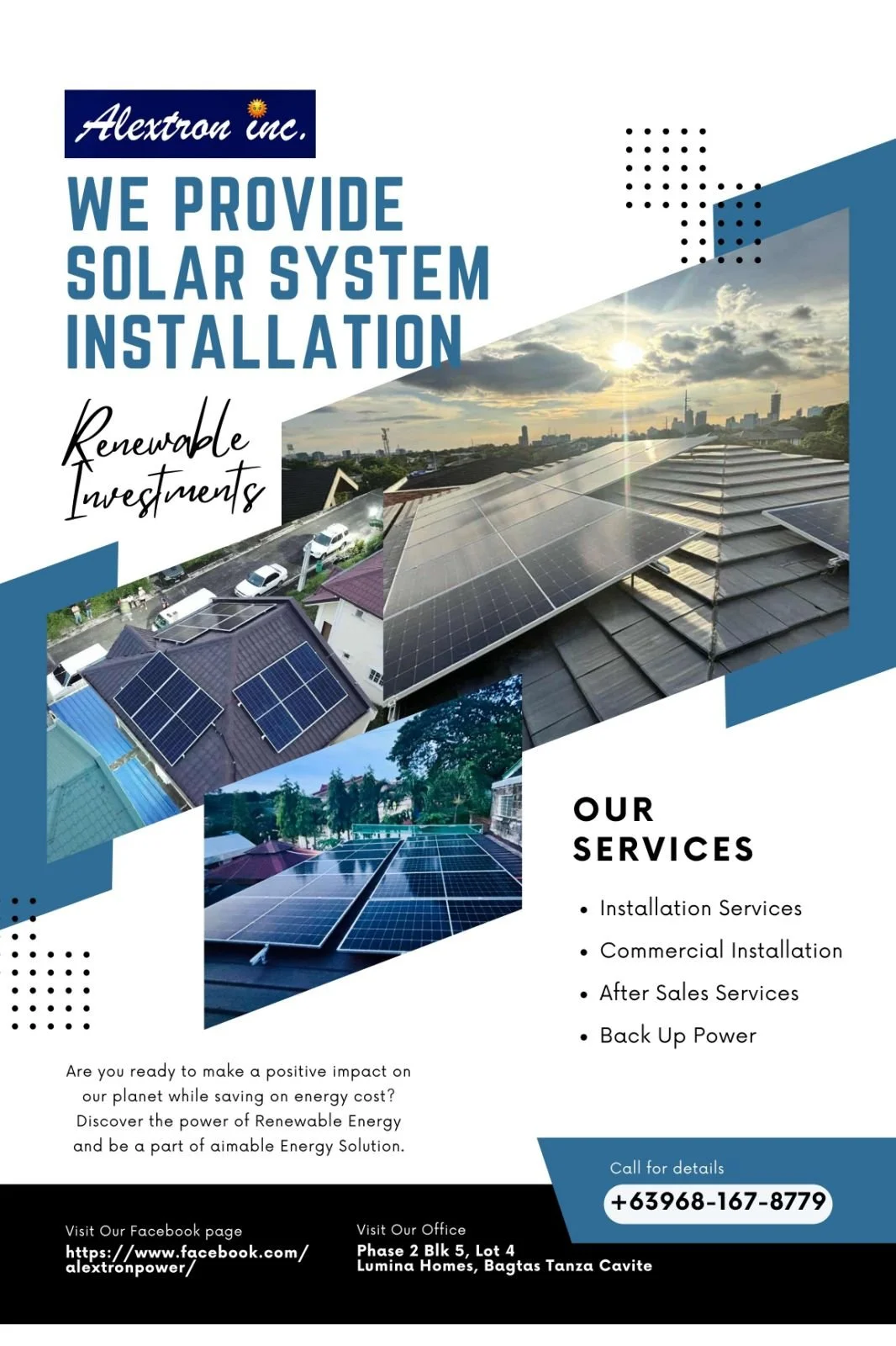 Flyer for Alextron Inc. advertising solar system installation services, featuring images of solar panels on roofs and cityscapes, with contact information and service details.