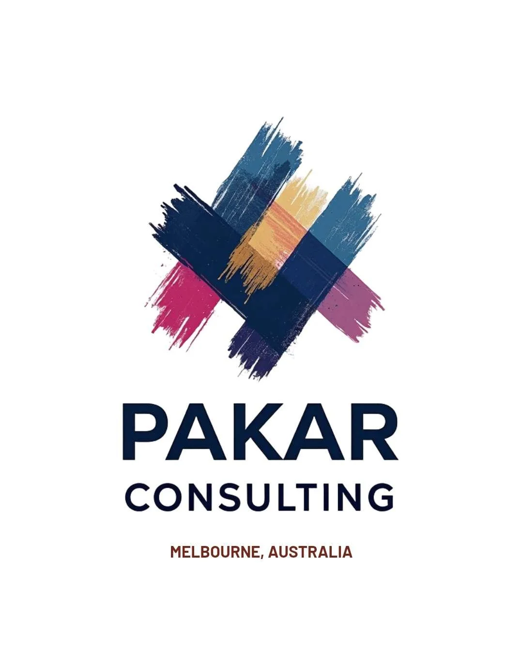 Logo for Pakar Consulting with colorful abstract paint strokes and text indicating location in Melbourne, Australia.