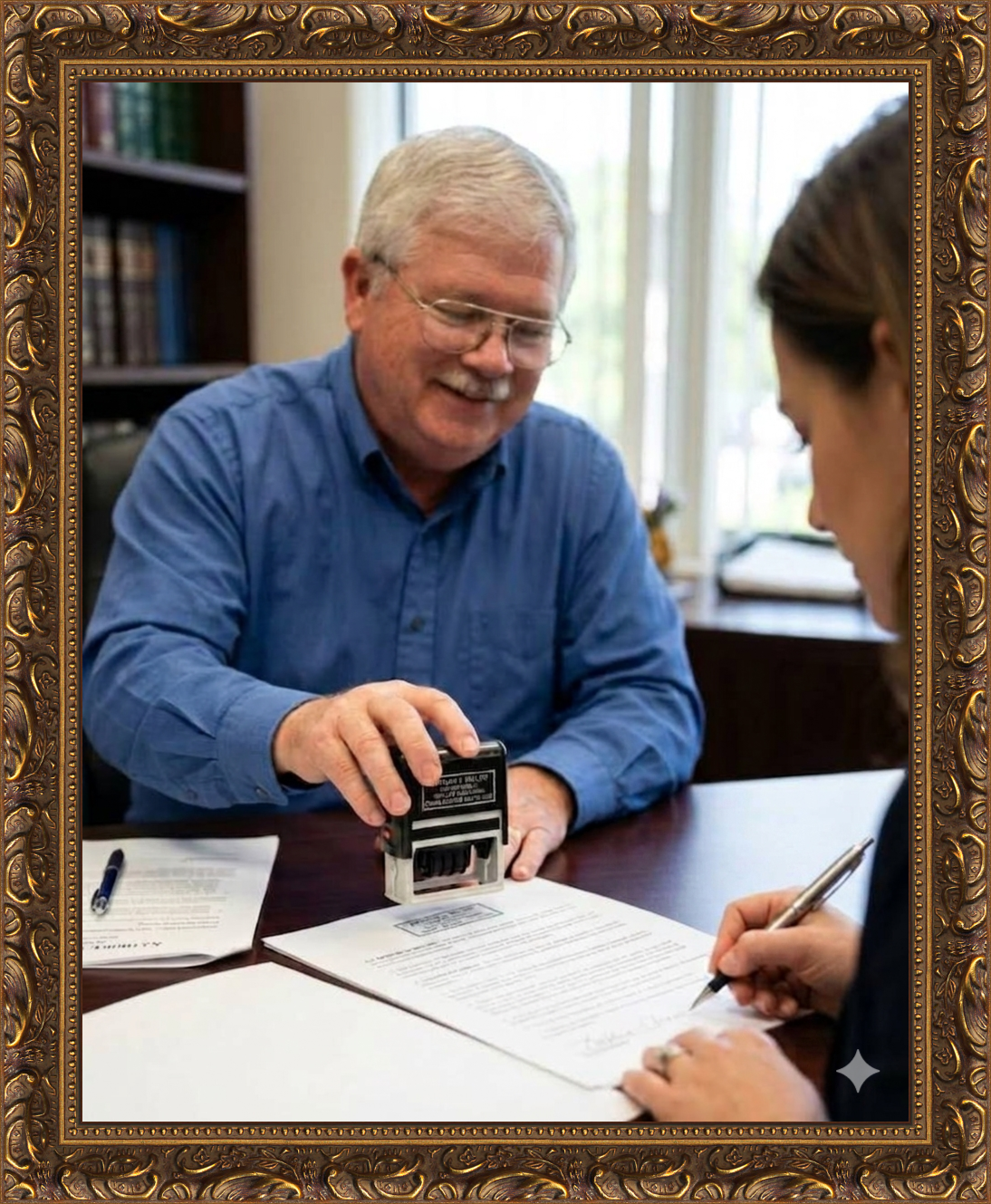 A man is stamping a document at a desk while a woman signs it. The scene appears to be an office setting, with books and a window in the background.
