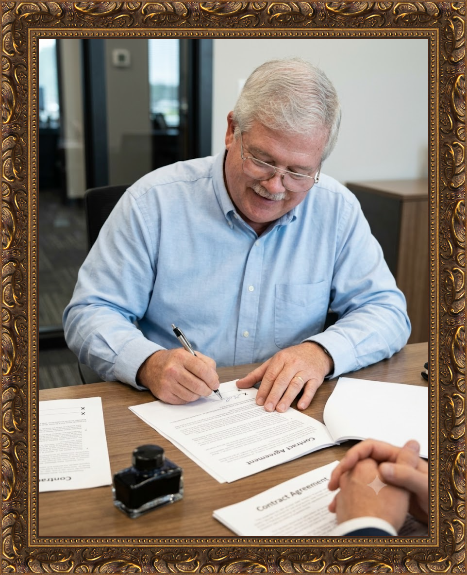 An older man with gray hair, glasses, and a mustache, dressed in a light blue shirt, signing a contract at a wooden desk in an office setting, with legal documents and an ink bottle in front of him.
