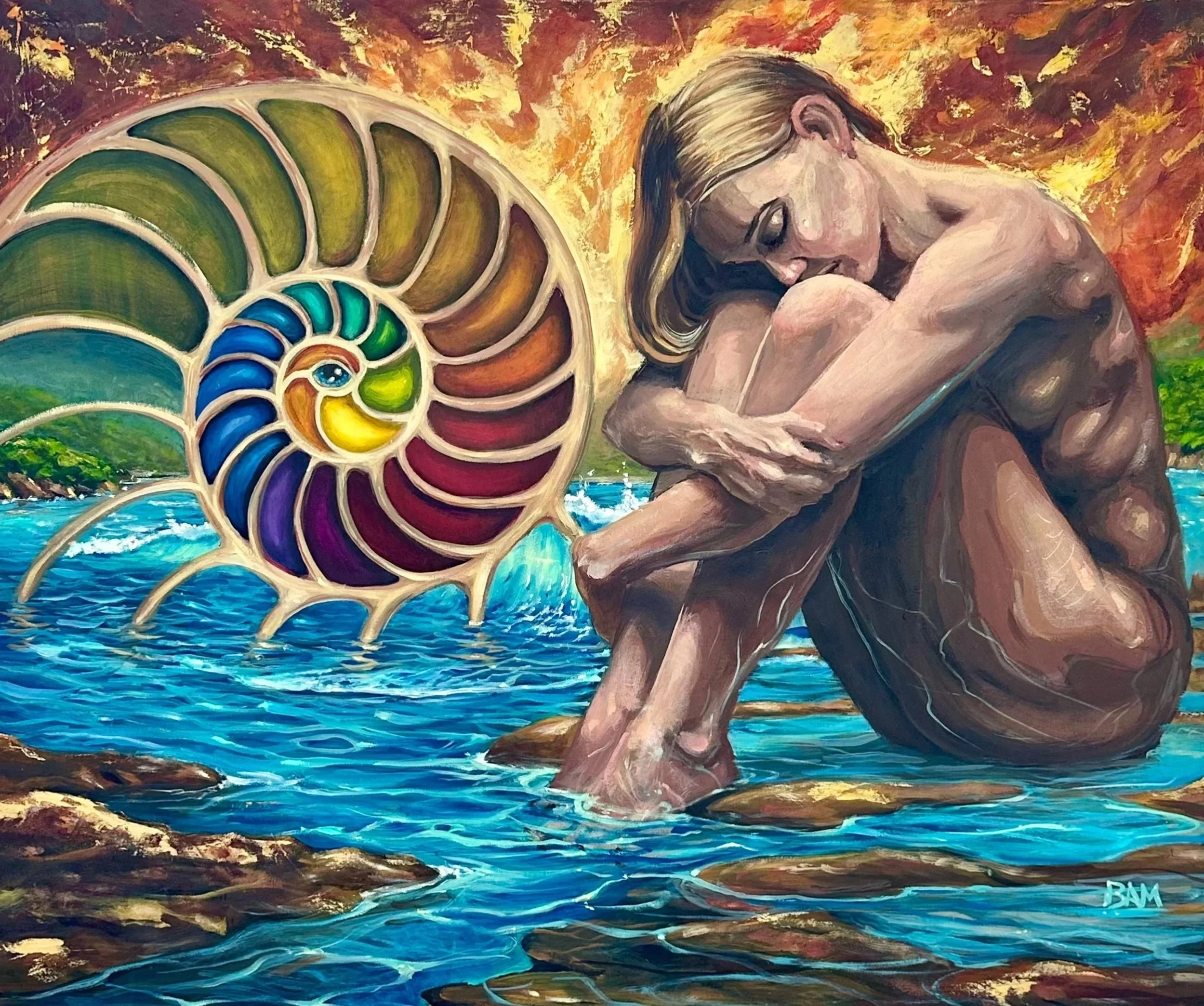 A painting of a woman with long hair kneeling on rocks by the water, with a large colorful spiral shell and fiery background.