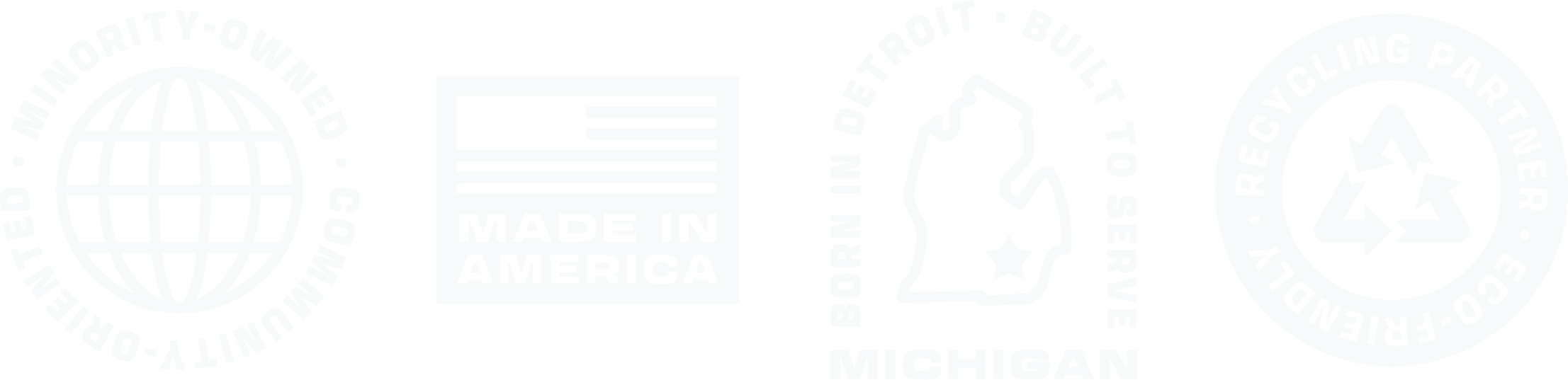 Four white icons: a globe surrounded by text representing minority ownership, a 'Made in America' label, a Michigan state outline with a star, and a recycling symbol with an eco-friendly message.