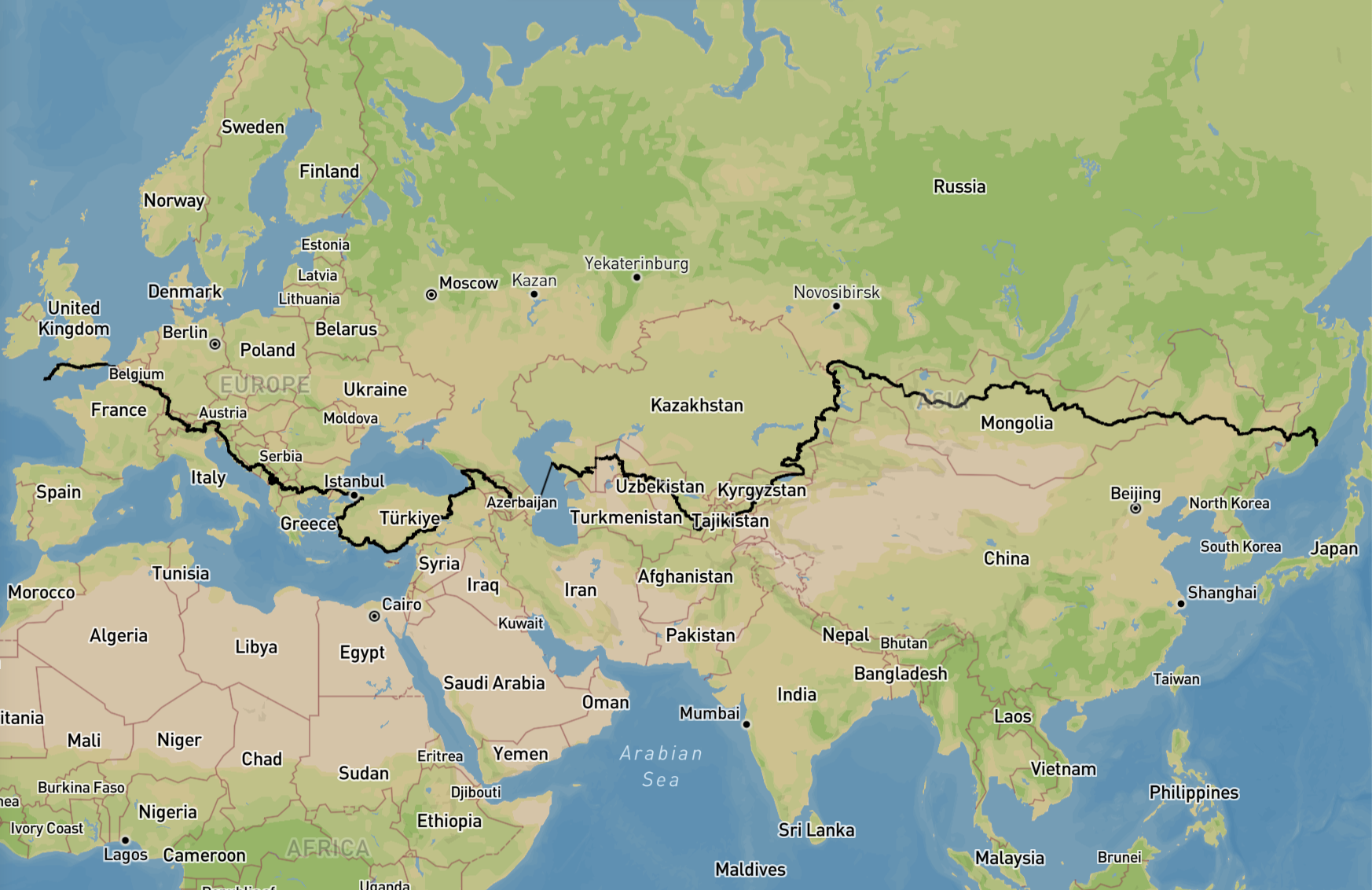 Map showing the route extending through europe, Central Asia to China, Mongolia, and Russia
