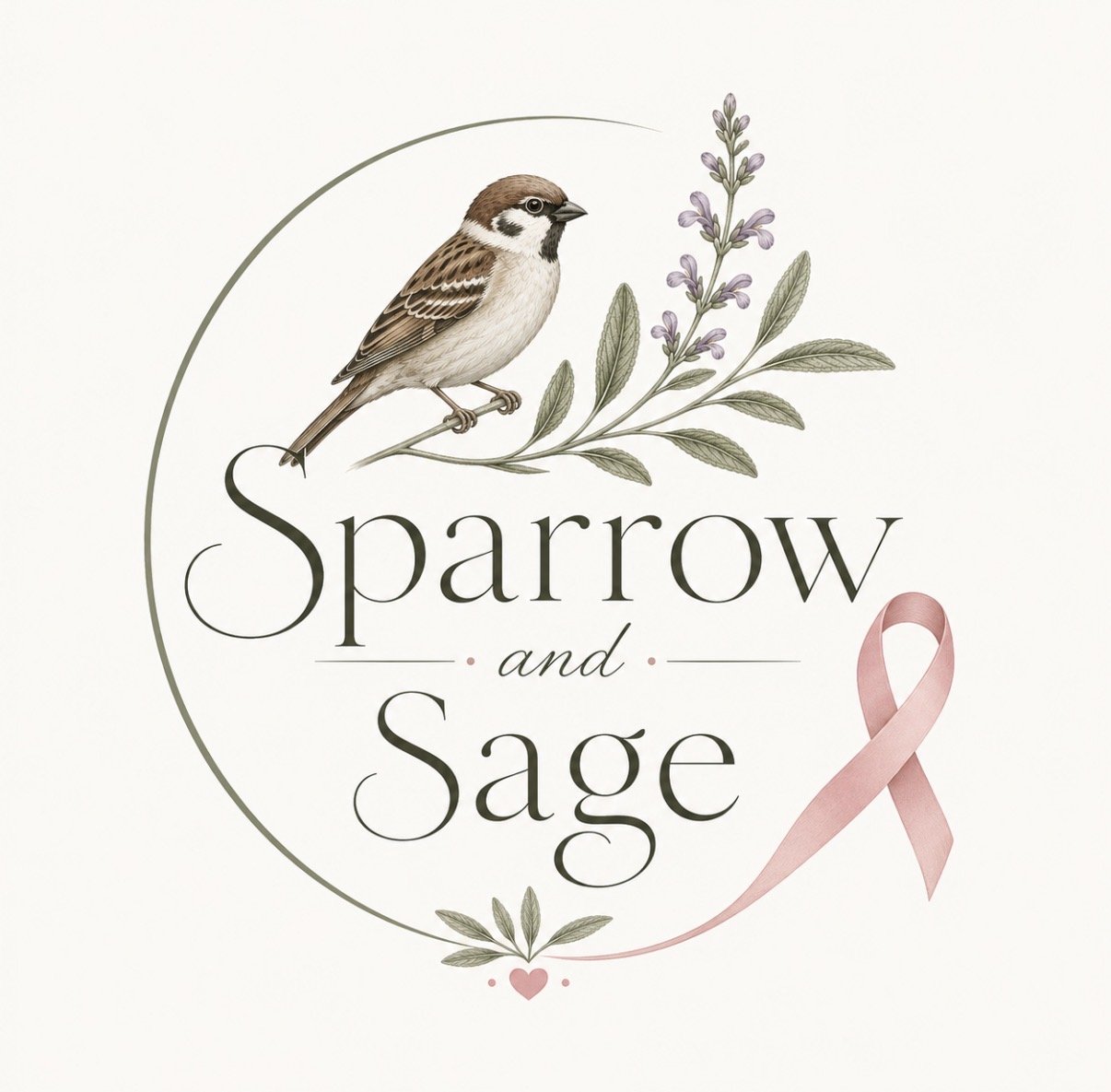 Illustration of a sparrow perched on a branch with sage and lavender, pink awareness ribbon, and the text 'Sparrow and Sage'.