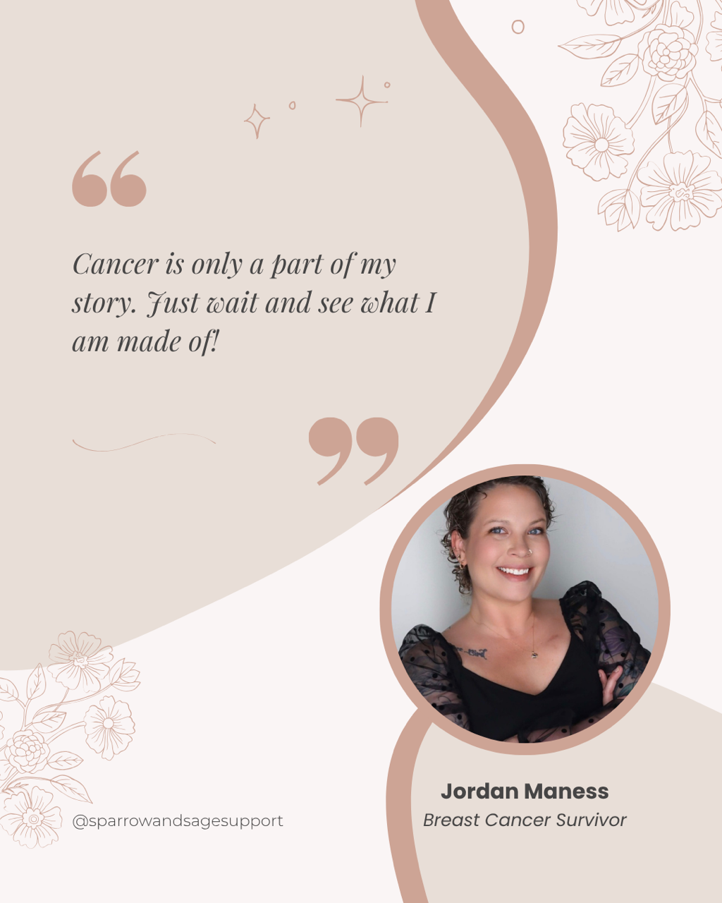 An inspirational quote about cancer survival on a soft beige background with floral accents, featuring a photo of Jordan Maness, a breast cancer survivor.