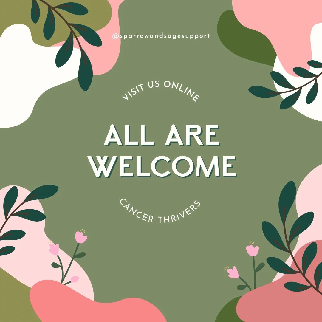 Graphic with green, pink, and white abstract shapes and leafy decorations. Text in the center reads, "Visit us online. All are welcome. Cancer Thrivers."