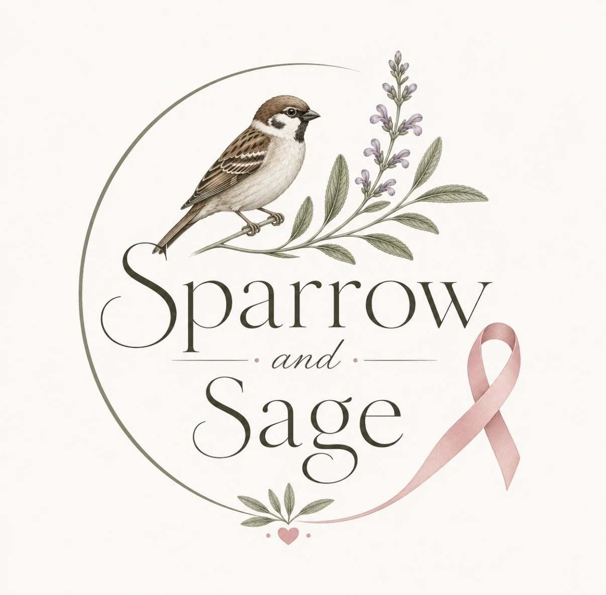 Illustration of a sparrow perched on a branch with sage and lavender, pink breast cancer awareness ribbon, and the text 'Sparrow and Sage'.