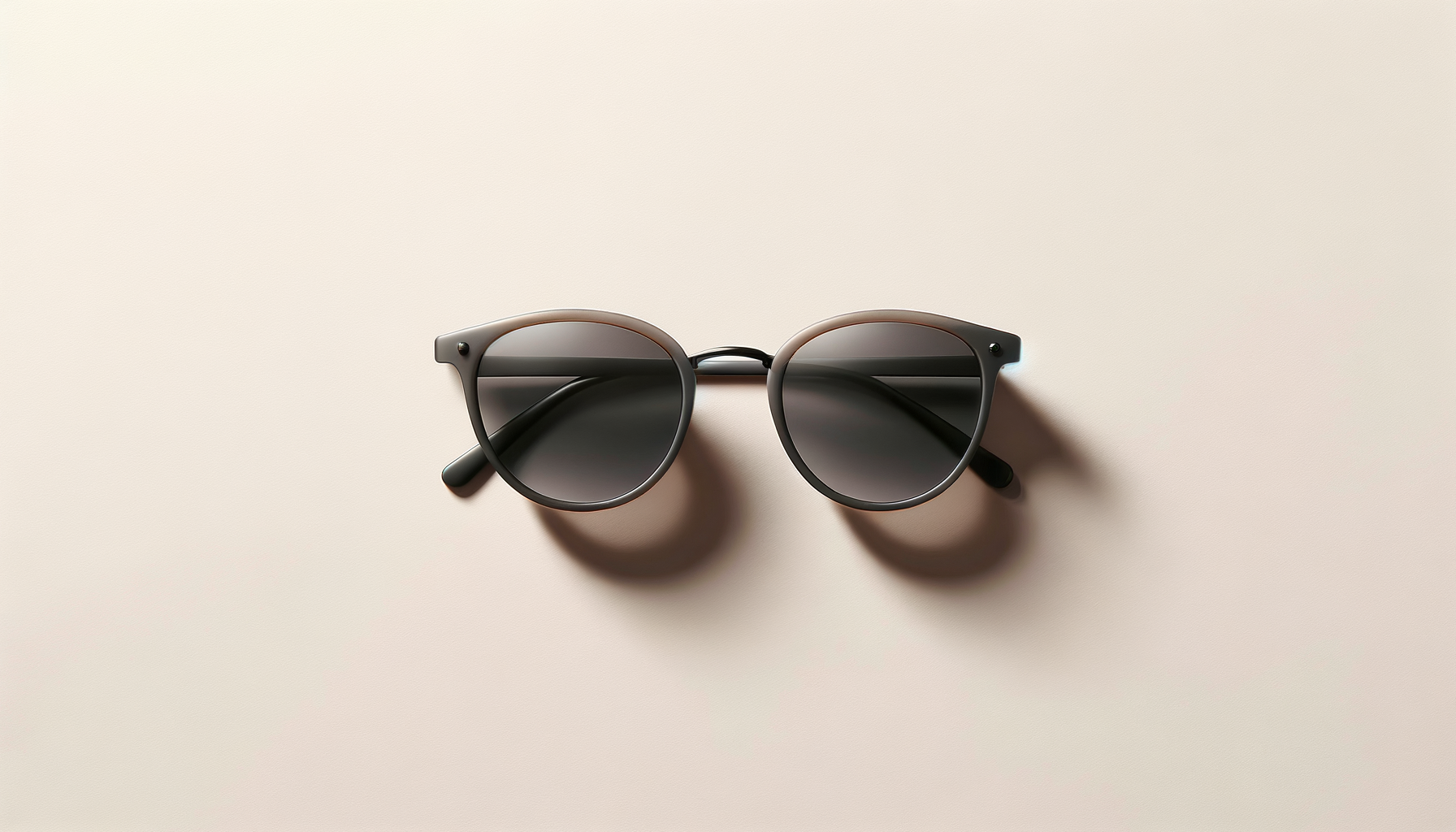 A pair of black sunglasses with dark lenses resting on a light beige surface.