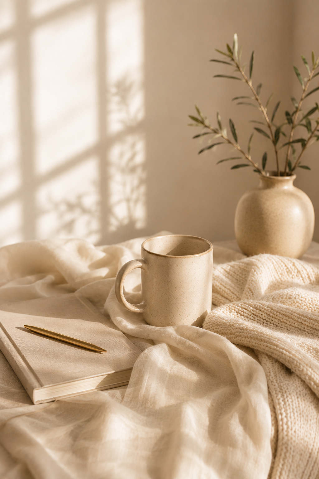 Neutral ceramic mug beside a linen journal and knit blanket in warm natural sunlight