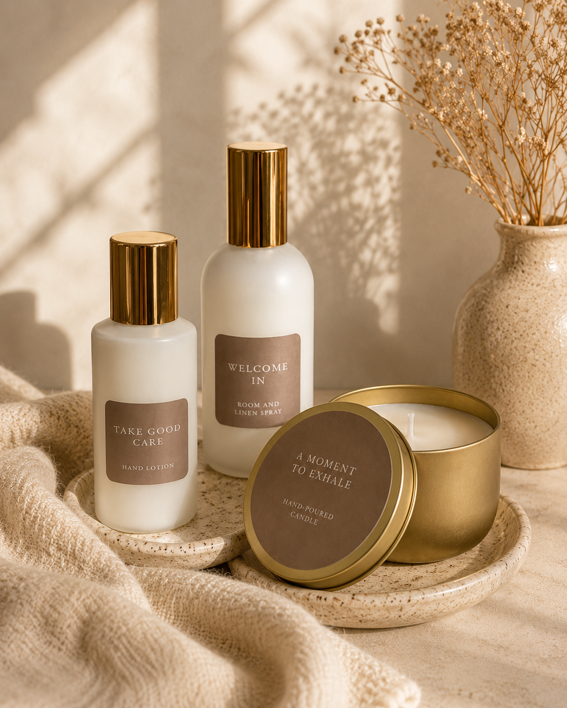 Quiet Light Trio featuring the signature candle, room and linen spray, and hand lotion