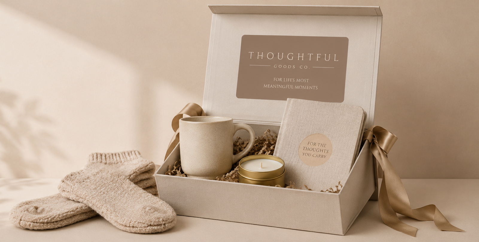 Thoughtful Goods Co. curated linen gift box featuring a ceramic mug, signature candle, linen journal, and soft knit socks