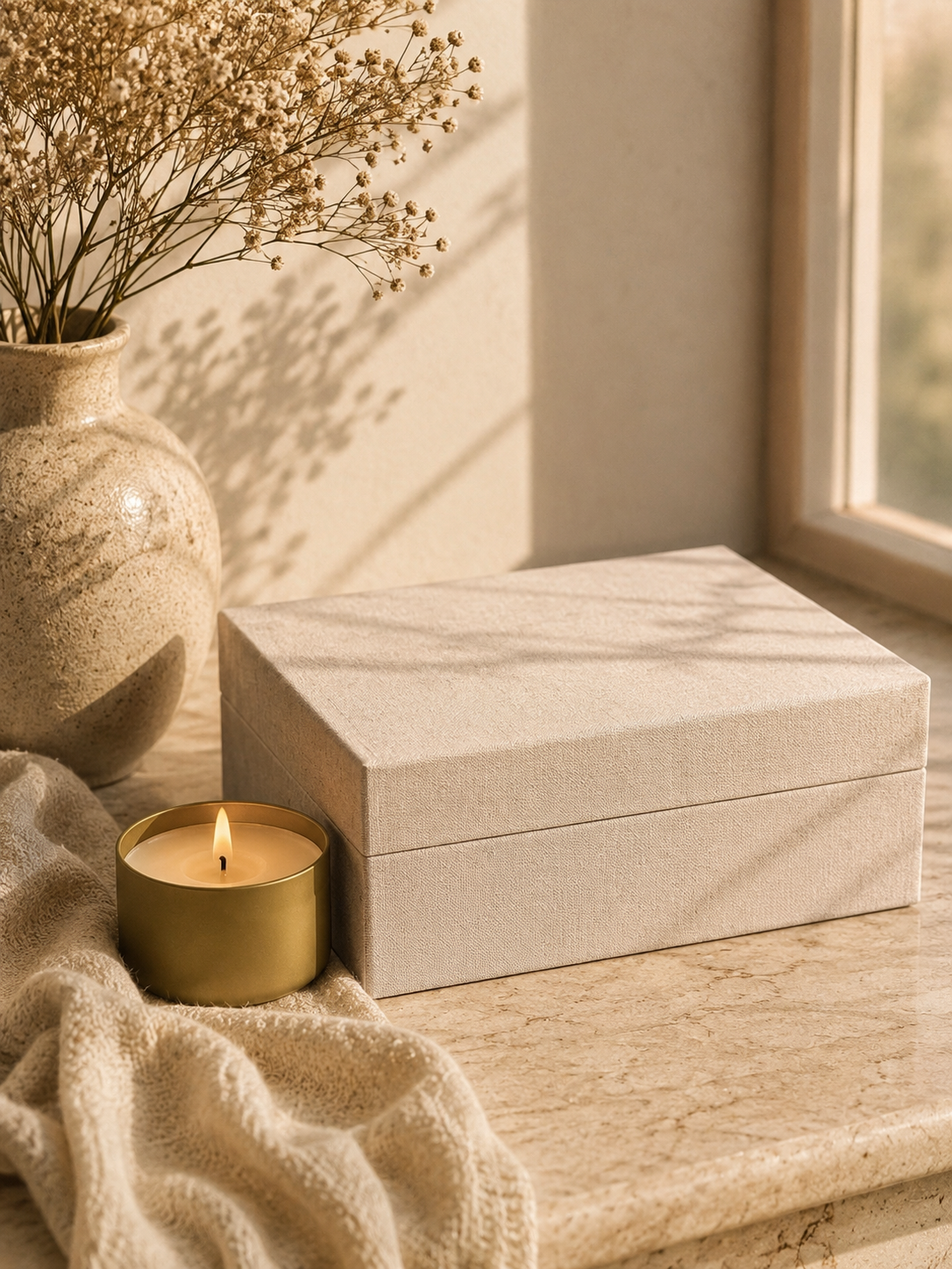 A beige textured box on a marble surface next to a small lit candle and a beige cloth. In the background, a beige vase with dried white flowers sits near a window with sunlight casting shadows on the wall.