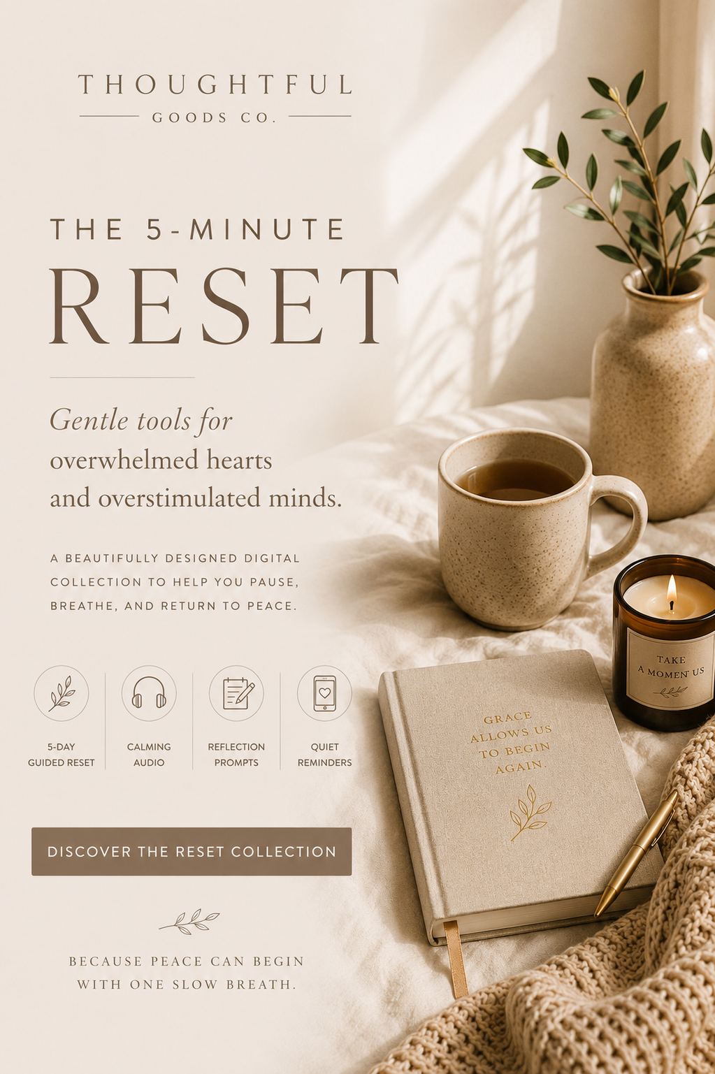 The 5-Minute Reset digital collection with a five-day guided reset, calming audio, reflection prompts, and quiet reminders