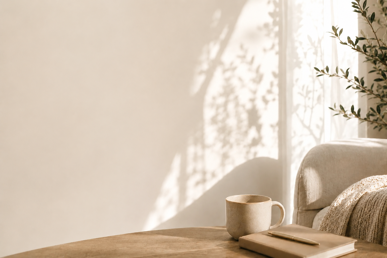Sunlit neutral interior with a ceramic mug, soft linen textures, and natural greenery