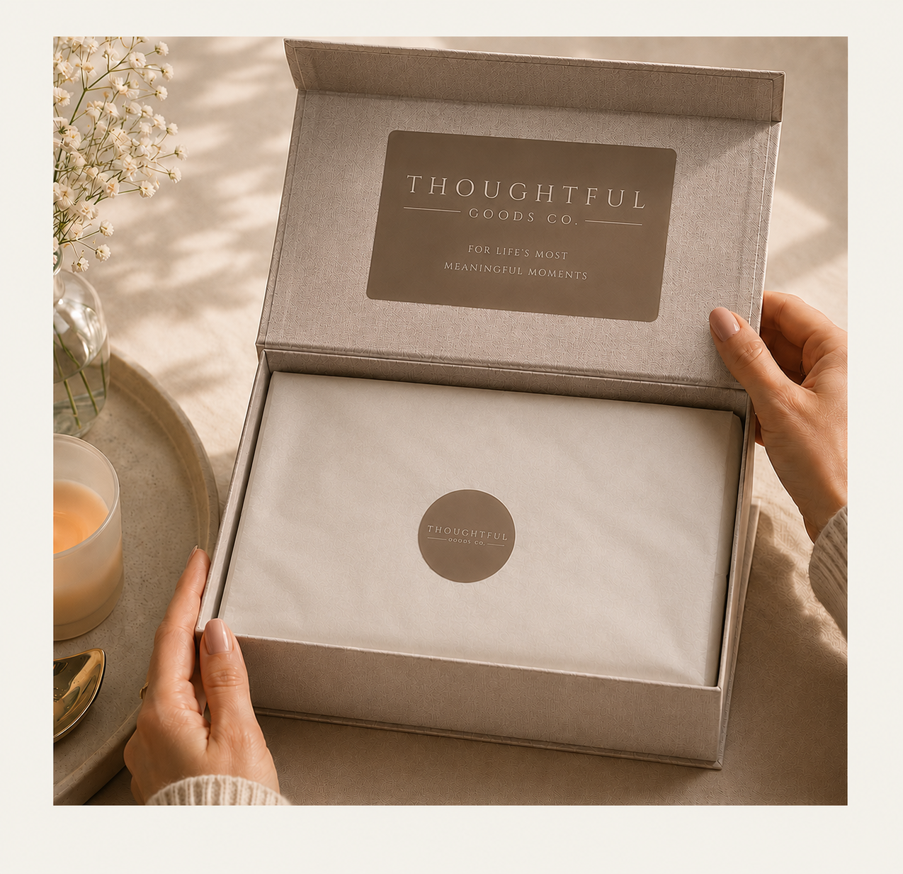 Thoughtful Goods Co. signature linen keepsake gift box with branded tissue paper and thoughtful packaging details