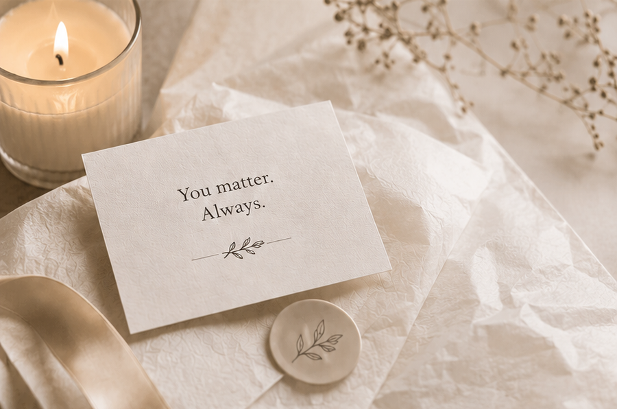 Encouragement card reading “You matter. Always.” styled on soft neutral tissue paper