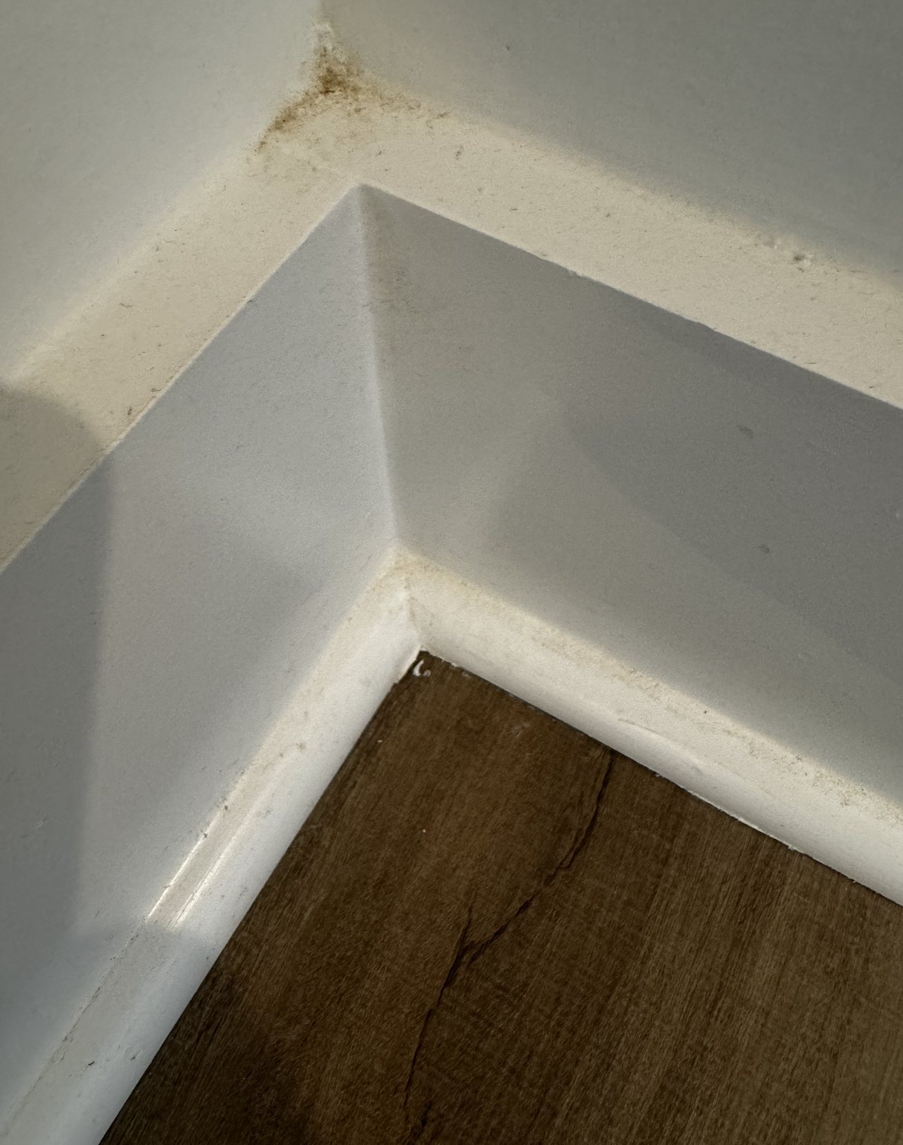 Corner of a white painted wall and baseboard with visible dirt, along with a section of hardwood floor.