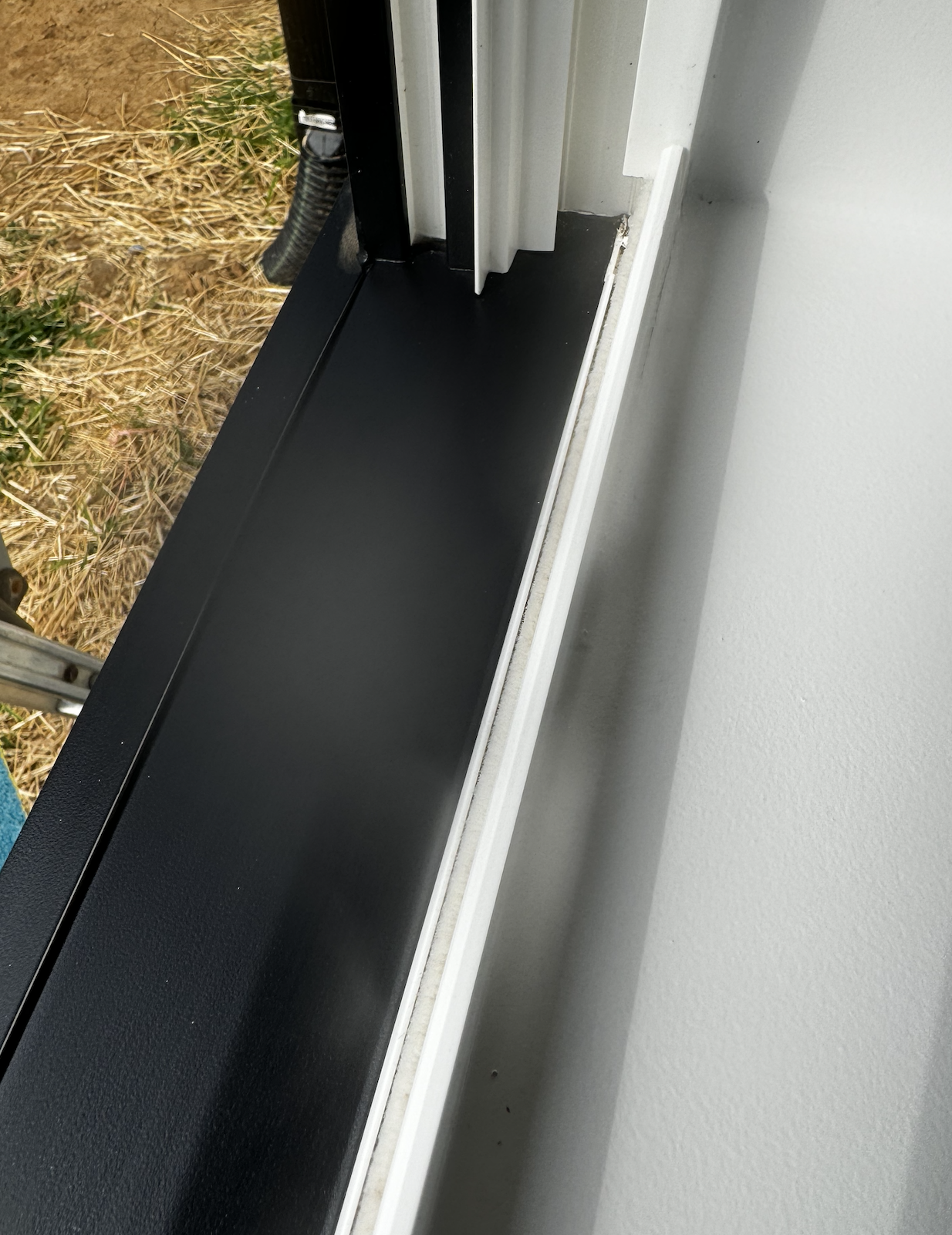 Close-up of a black window screen frame with white wall and curtain beside it, and some outdoor grass and soil visible outside the window.