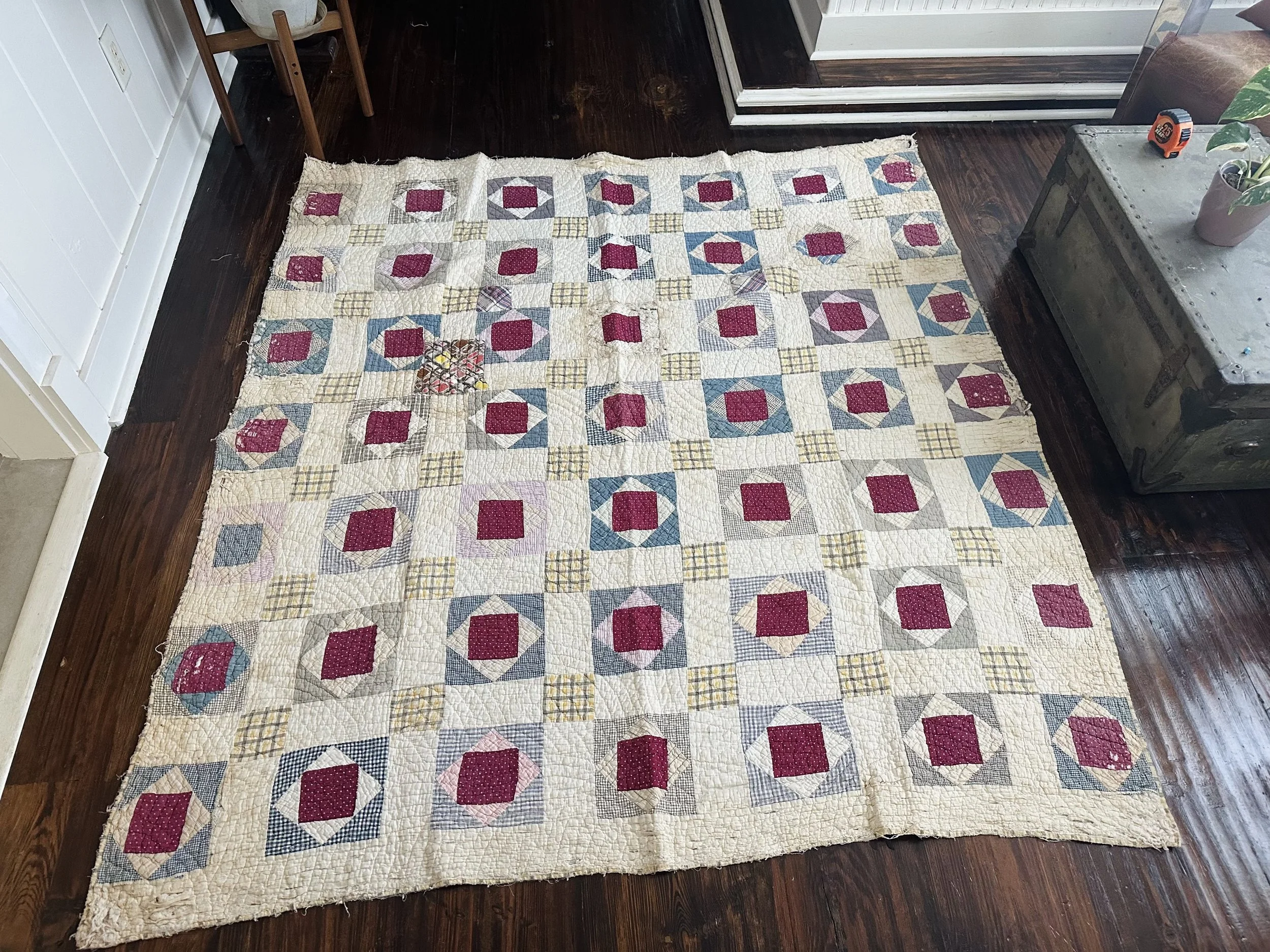 Vintage Depression Era Cutter Quilt in Red Cream & Blue