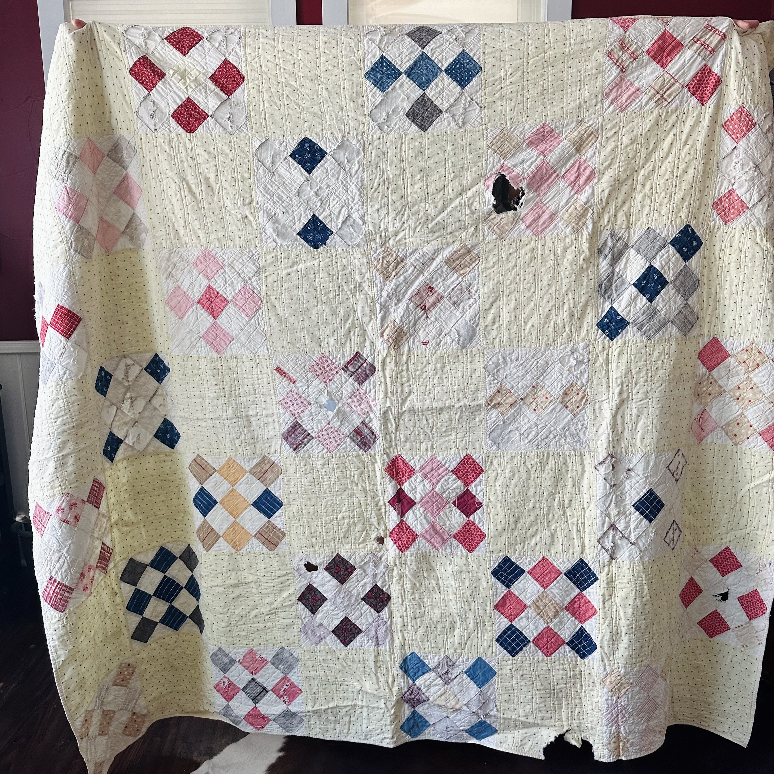 Vintage Nine Patch Variation Quilt - Yellow