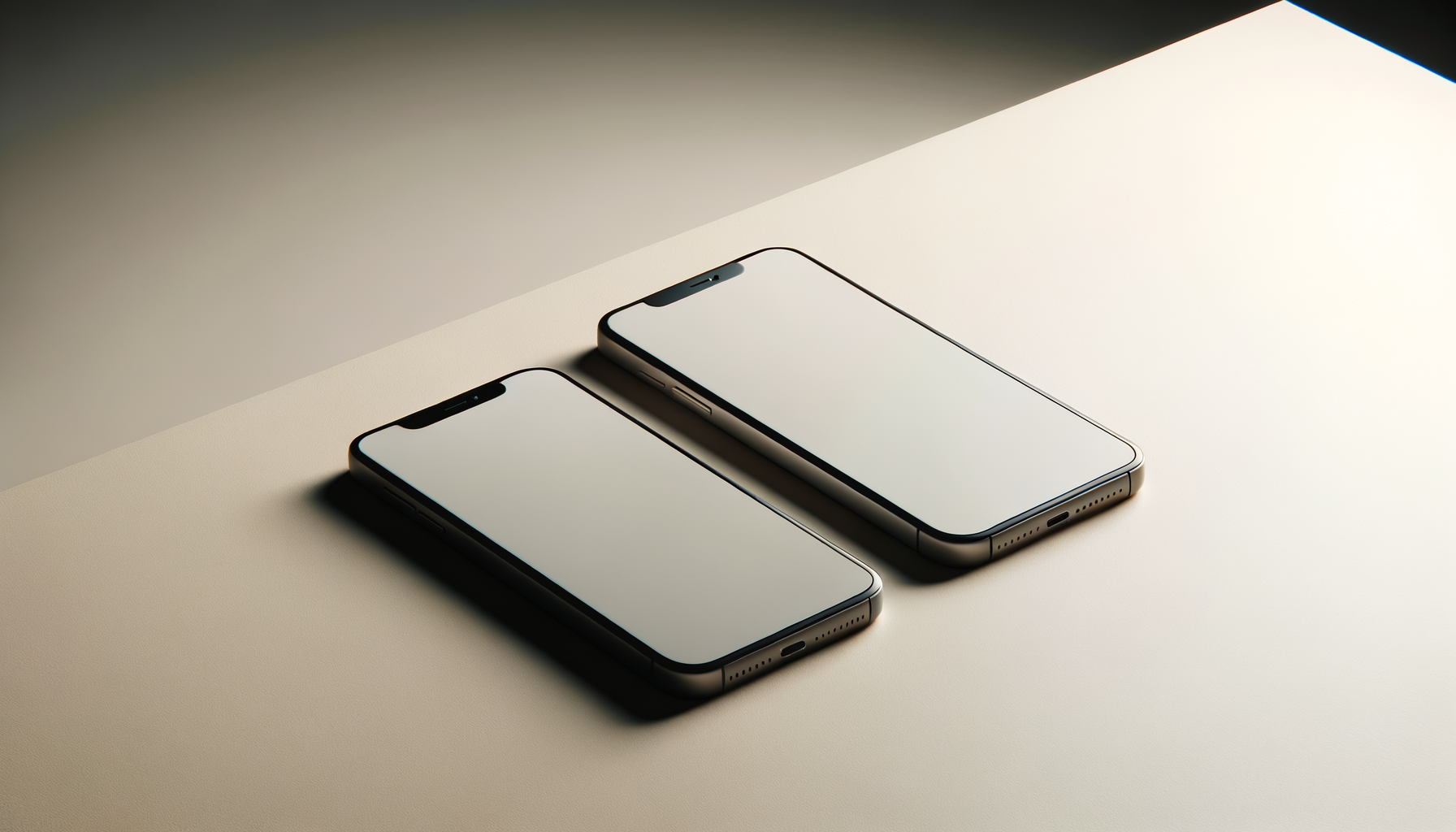 Two modern smartphones with blank screens lying on a light-colored surface near a corner.