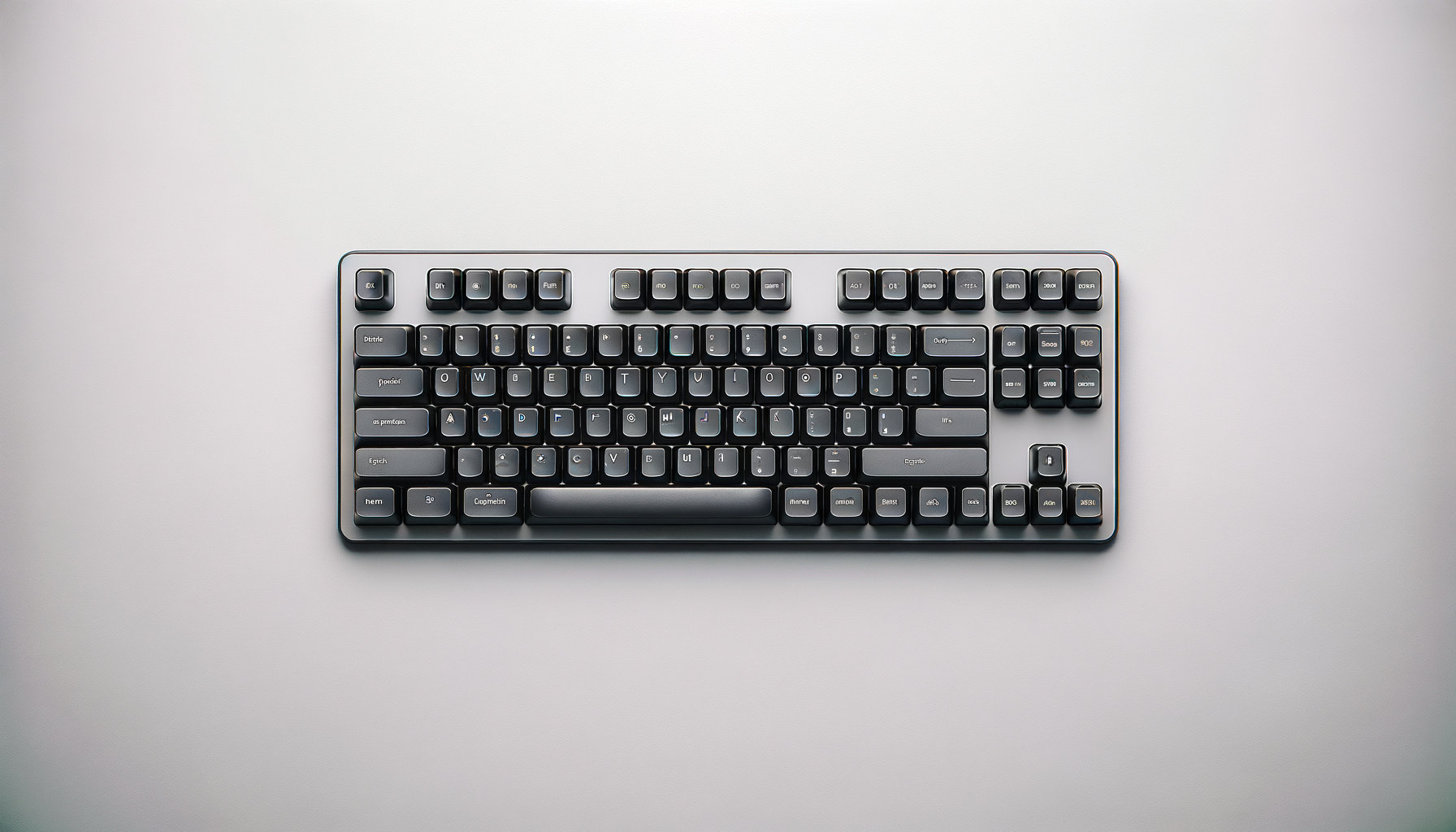 A sleek black computer keyboard with black keys and white lettering, placed on a light gray surface.