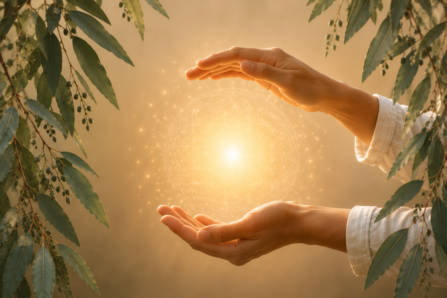 Two hands gently hold a glowing geometric sphere surrounded by small sparkling lights, framed by green leaves in a natural setting.