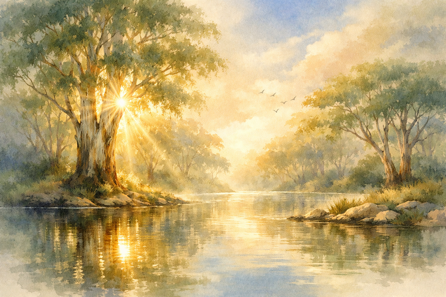 A watercolor painting of a peaceful river scene at sunrise, with sunlight filtering through large trees along the riverbank, a flock of birds flying in the sky, and gentle reflections on the water.