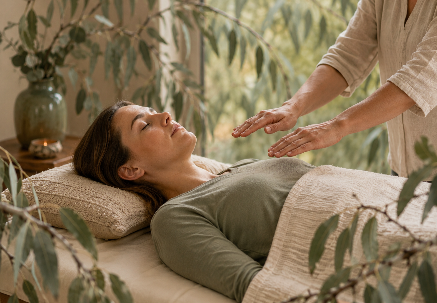 Woman lying on a massage table with her eyes closed, receiving a healing massage from a practitioner in a serene, nature-themed setting.