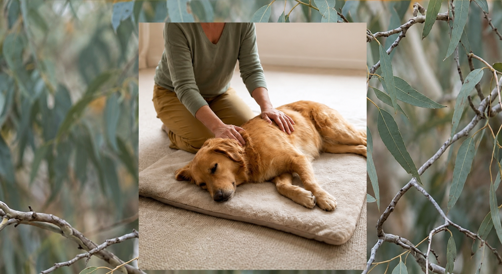 Person petting a golden retriever lying on a carpet