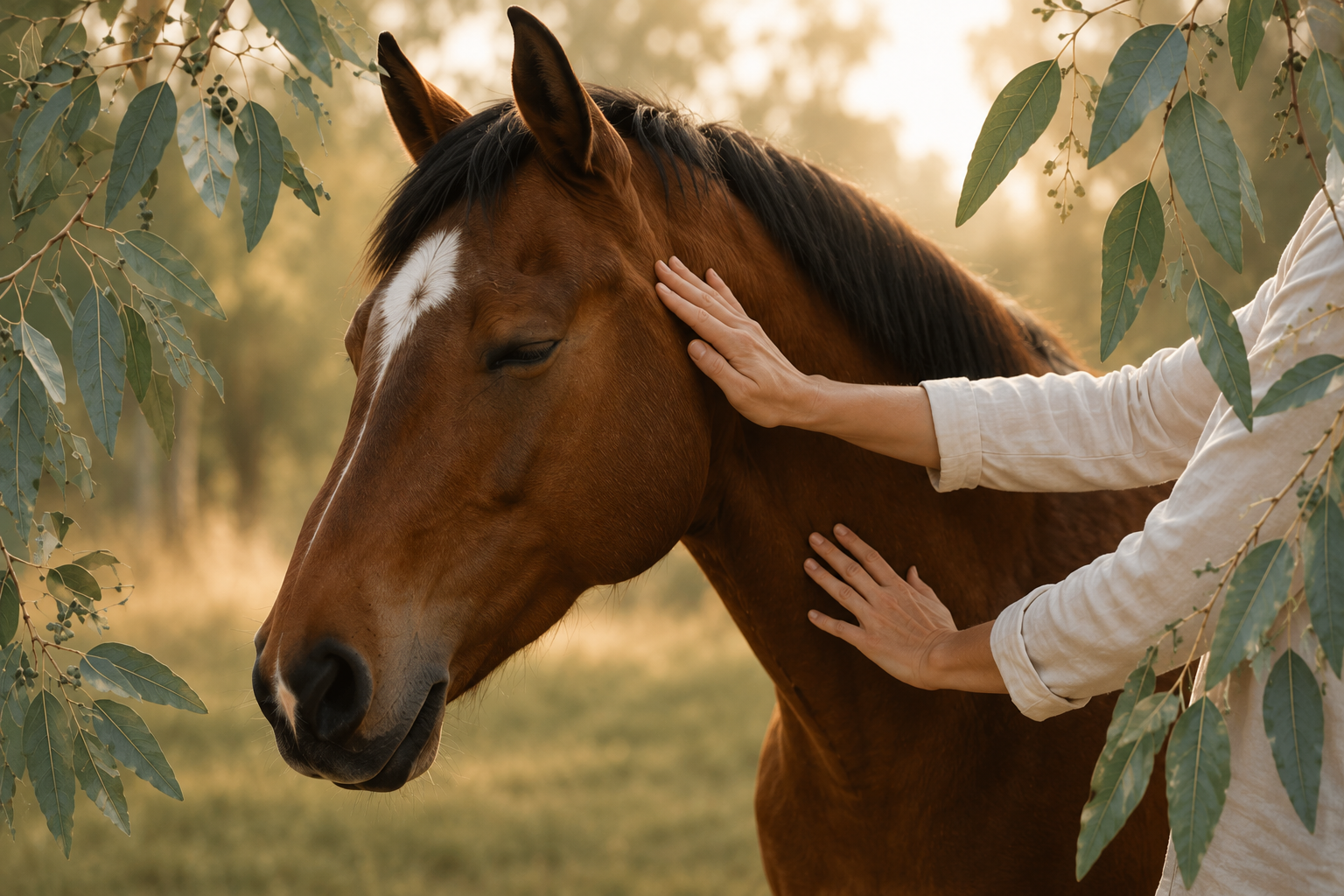 Person petting a brown horse with a white marking on its face in an outdoor setting.