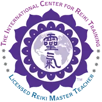 Logo for the International Center for Reiki Training featuring purple and blue circular design with Japanese kanji symbols in the center.