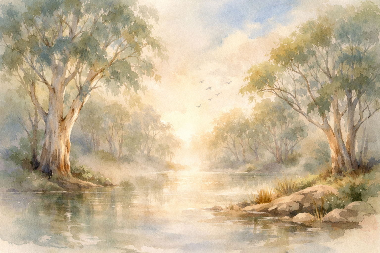 A watercolor painting of a tranquil river scene with trees on either side, a light mist over the water, and birds flying in the sky at sunrise or sunset.